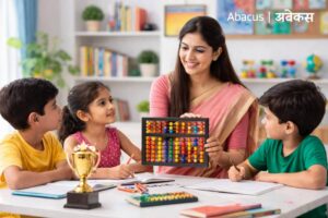 Child learning maths with abacus and calculator